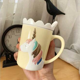 Eenhoorn Mok Met Deksel Lepel Mokken Koffie Kopjes Keramische Mok Voor Thee Grote 375Ml Melk Cup Christmas Voor meisje Kids Cartoon Kopjes geel cup