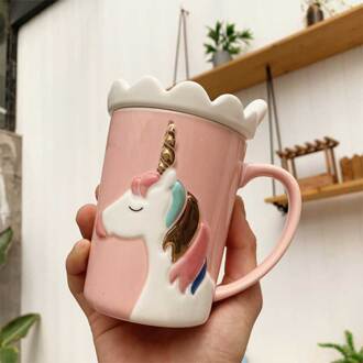 Eenhoorn Mok Met Deksel Lepel Mokken Koffie Kopjes Keramische Mok Voor Thee Grote 375Ml Melk Cup Christmas Voor meisje Kids Cartoon Kopjes roze cup