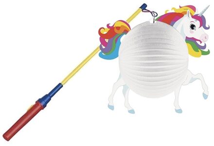 Eenhoorn ronde lampion 25 cm met lampionstokje - Feestlampionnen Wit