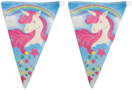 Eenhoorn thema vlaggetjes slinger/vlaggenlijn - 3x stuks - roze - 5 meter - 10 puntvlaggetjes - Fees