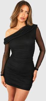 Éénschouder Geruched Mesh Mini-Jurk Met Lange Mouwen, Black - 38
