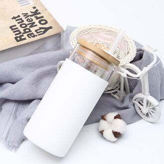 Eenvoudige Bamboe Hout Deksel Stro Cup Dames Kantoor Leuke Water Cup Anti-Brandwonden Siliconen Mouw Enkele Laag Glas wit