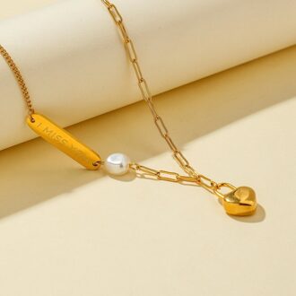 Eenvoudige Koreaanse Goud Rvs Sieraden Love Heart Lock Hanger Ketting Sleutelbeen Chain Neckalces Voor Vrouwen