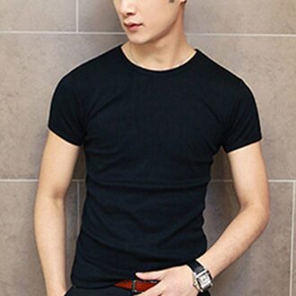 Eenvoudige Zomer Mannen Korte Mouw Ronde Kraag Effen Kleur Casual Slim Fit T-shirt Herenkleding Mannelijke Tops Shirt zwart / XXL