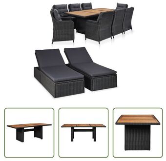 Eet- en loungeset - 11-delig - Poly rattan - Acaciahout - Zwart/donkergrijs - 200x100x74cm