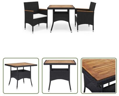 Eethoek 3-delig - Tafel 80x80x75 cm - Stoel 53x58x84 cm - Zwart/Bruin - Poly rattan/acaciahout/staal