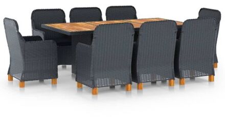 Eethoek - donkergrijs poly rattan - zwart kussen - 62x65x92cm (stoel) - 200x100x74cm (tafel)