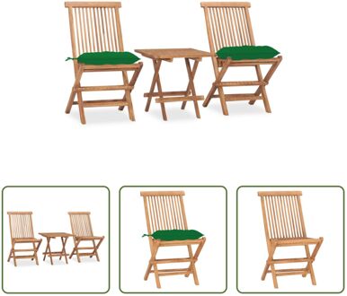 Eethoek Teakhout - Tuintafel en Stoelen - 50x50x50 cm - Groen Kussen