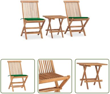 Eethoek - Teakhouten - Tuintafel en stoelen - 50x50x50 cm - Groen kussen