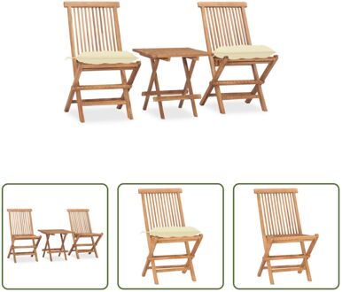 Eethoek Teakhouten Tuintafel en Stoelen - 50x50x50 cm - Stapelbaar - Crèmewit Kussen