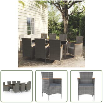 Eethoek Tuinset - 190x90x75 cm - Poly Rattan - Staal - Inclusief 8 Stoelen - Kussens Grijs