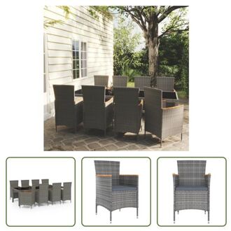 Eethoek Tuinset - 250x100x75 cm - Zwart - Poly rattan/Staal/Glas - Grijs Kussen - Acaciahout - 1 tafel