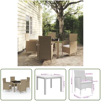 Eethoek Tuinset - 90x90x75 cm - Beige/Zwart - Inclusief 4 stoelen en zitkussens