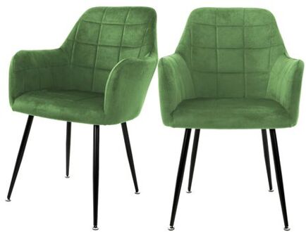 Eetkamerstoelen met Rugleuning & Armleuningen Set van 2 Groen Fluwelen Bekleding met Metalen Poten ML-Design Zwart