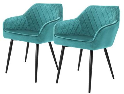 Eetkamerstoelen met rugleuning en armleuningen Set van 2 Turquoise fluwelen bekleding met metalen poten ML-Design Zwart