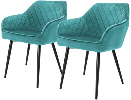 Eetkamerstoelen met rugleuning en armleuningen Set van 2 Turquoise fluwelen bekleding met metalen poten ML-Design