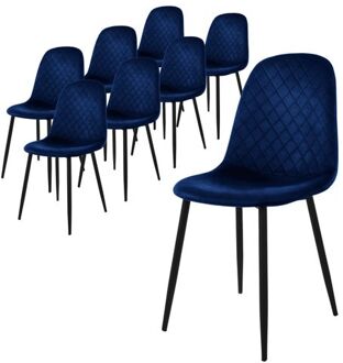 eetkamerstoelen set van 8, donkerblauw, keukenstoel met fluwelen bekleding, woonkamerstoel met rugleuning, Zwart