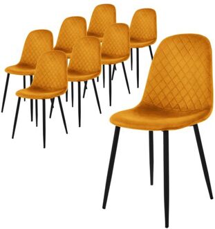 eetkamerstoelen set van 8, mosterdgeel, keukenstoel met fluwelen bekleding, woonkamerstoel met rugleuning, Zwart