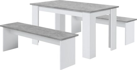 Eettafel set Dornum 138 cm breed in grijs beton met 2 banken Grijs,Grijs beton,Wit