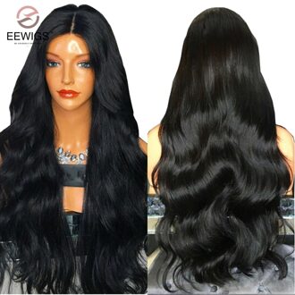EEWIGS Midden Deel Synthetische Lace Front Pruik Met Natuurlijke Haarlijn 180% Dichtheid Hittebestendige Body Wave Pruiken Voor Zwarte Vrouwen 26 inches