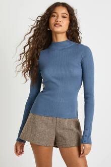 Effen Gebreide Top Met Lange Mouwen, Denim-Blue