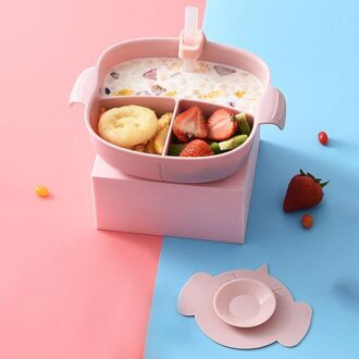Effen Kleur Babyvoeding Dining Kom Met Stro Lunch Lepel Vork Set Baby Leren Eten Servies Stuff Kids Gerechten plaat roze bowl met straw