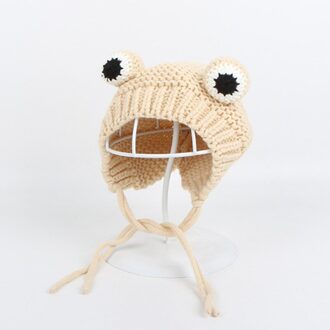 Effen Kleur Cartoon Kikker Gebreide Muts Winter Warme Muts Skullies Cap Beanie Hoed Voor Kind Jongen En Meisje Beige