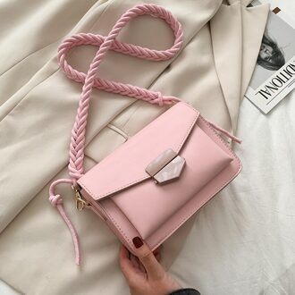Effen Kleur Flap Schouder Crossbody Tassen Voor Vrouwen Pu Leer Vrouwen Gevlochten Touw Handtas Vrouwelijke Reizen Messenger Bag roze