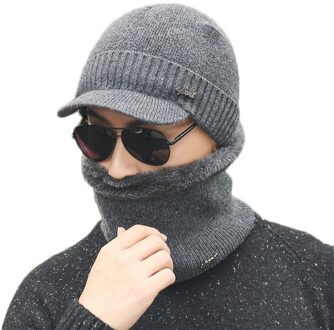 Effen Kleur Gebreide Mutsen Muts Sjaal Plus Fluwelen Muts Mannen Vrouwen Warm Thicken Hedging Cap Ski zachte Sjaals Set grijs solid kleur