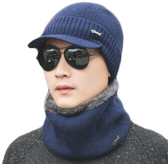 Effen Kleur Gebreide Mutsen Muts Sjaal Plus Fluwelen Muts Mannen Vrouwen Warm Thicken Hedging Cap Ski zachte Sjaals Set marine solid kleur