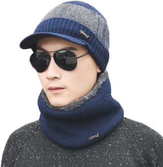 Effen Kleur Gebreide Mutsen Muts Sjaal Plus Fluwelen Muts Mannen Vrouwen Warm Thicken Hedging Cap Ski zachte Sjaals Set marine