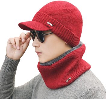 Effen Kleur Gebreide Mutsen Muts Sjaal Plus Fluwelen Muts Mannen Vrouwen Warm Thicken Hedging Cap Ski zachte Sjaals Set rood solid kleur
