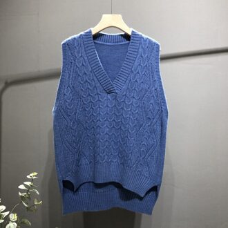 Effen kleur V-hals mouwloos wilde korte korte lange gebreide vest vrouwelijke herfst en winter losse lui wol vest A014 Blauw