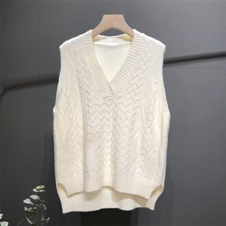 Effen kleur V-hals mouwloos wilde korte korte lange gebreide vest vrouwelijke herfst en winter losse lui wol vest A014 creamy-wit