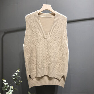 Effen kleur V-hals mouwloos wilde korte korte lange gebreide vest vrouwelijke herfst en winter losse lui wol vest A014 khaki