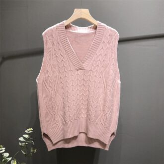 Effen kleur V-hals mouwloos wilde korte korte lange gebreide vest vrouwelijke herfst en winter losse lui wol vest A014 Roze