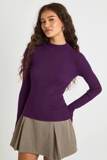 Effen Lange Mouw Gebreide Top, Plum - S