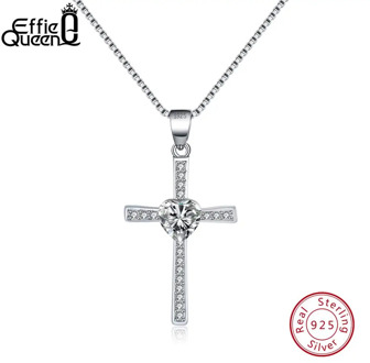 Effie Queen Genuine 925 Sterling Silver Necklaces 6 Colors Heart Zircon Cross Pendant Necklace with 45cm Silver Chain OSN88