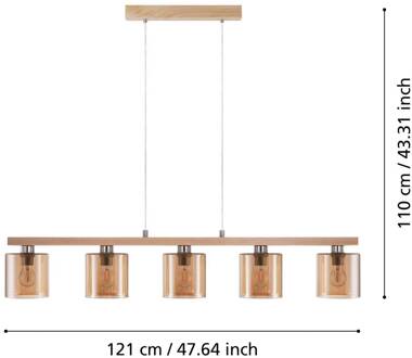 Eglo Castralvo hanglamp, lengte 115 cm, hout/amber, 5-lamps, glas amber, hel hout