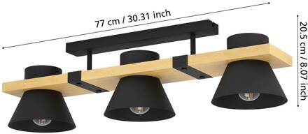 Eglo Plafondlamp Maccles in zwart met hout, 3-lamps zwart, licht hout