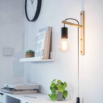 Eglo Pockley wandlamp, projectie 16 cm, zwart/hout, hout bruin, zwart