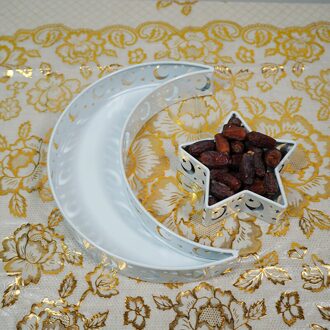 Eid Mubarak Maan/Ster Dienblad Servies Dessert Voedsel Opslag Container Ramadan Smeedijzeren Lade Voor Thuis Decor Organizador ster maan wit pain