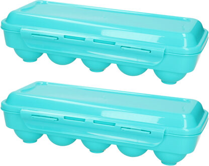 Eierdoos - 2x - koelkast organizer eierhouder - 10 eieren - blauw - kunststof - 27 x 12,5 cm