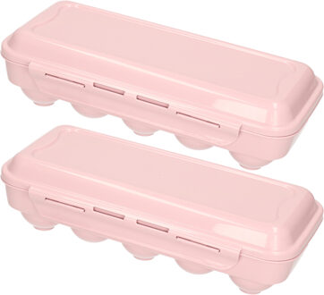 Eierdoos - 2x - koelkast organizer eierhouder - 10 eieren - licht roze - kunststof - 27 x 12,5 cm
