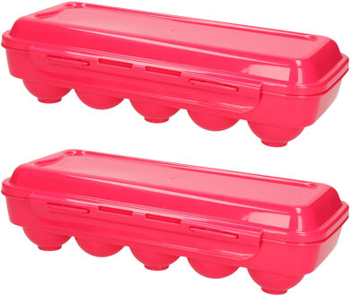 Eierdoos - 2x - koelkast organizer eierhouder - 10 eieren - roze - kunststof - 27 x 12,5 cm