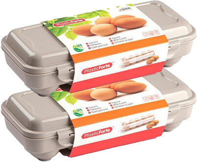 Eierdoos - 2x - koelkast organizer eierhouder - 10 eieren - taupe - kunststof - 27 x 12,5 cm