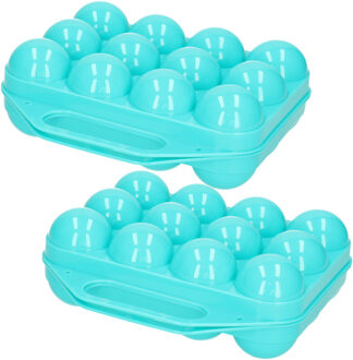Eierdoos - 2x - koelkast organizer eierhouder - 12 eieren - blauw - kunststof - 20 x 19 cm