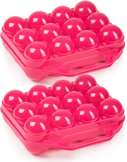 Eierdoos - 2x - koelkast organizer eierhouder - 12 eieren - roze - kunststof - 20 x 19 cm