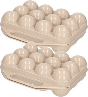 Eierdoos - 2x - koelkast organizer eierhouder - 12 eieren - taupe - kunststof - 20 x 19 cm