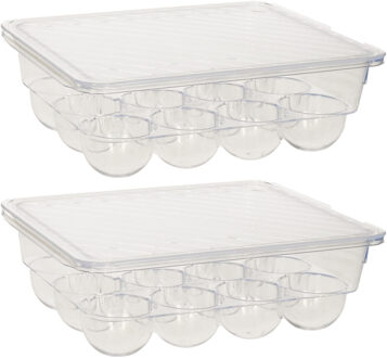 Eierdoos - 2x - koelkast organizer eierhouder - 12 eieren - transparant - kunststof - 22,5 x 17,5 cm